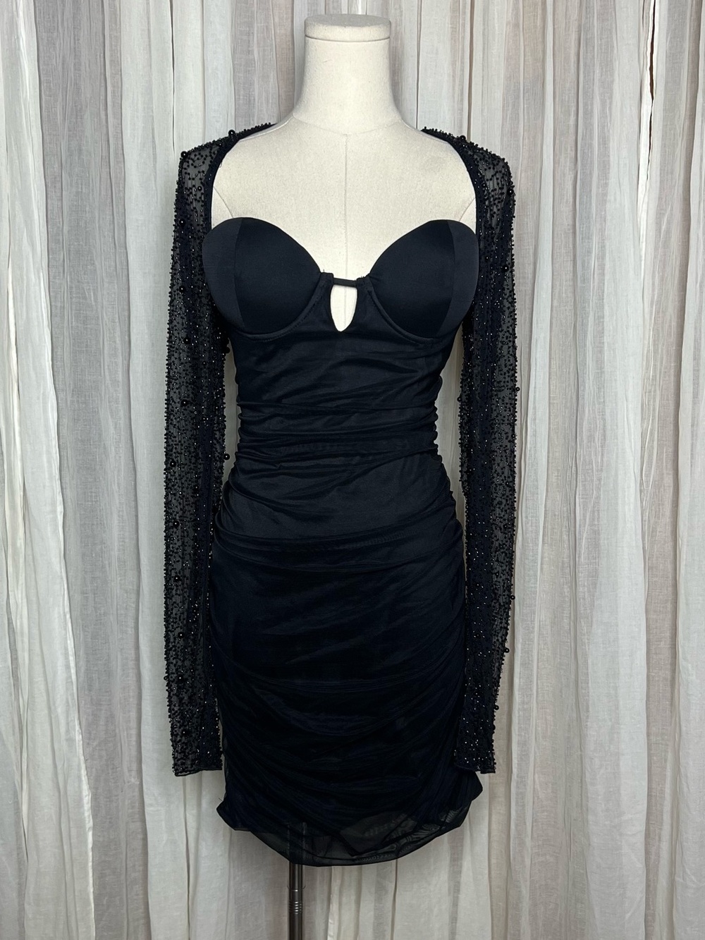 NWT Fashion Nova Black Princess Beaded Ruched Mini Dress - Picture 2 of 6